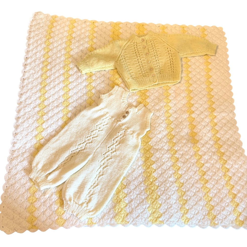 Vintage Handmade Baby Knit Set Yellow Cardigan Romper Crochet Blanket 40x40" 3pc